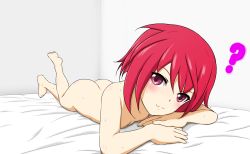 Rule 34 | 1girl, :3, ?, alice gear aegis, ass, bed, bed sheet, blush, breasts, full body, head rest, head tilt, highres, himukai rin, indoors, looking at viewer, lying, nude, on stomach, panettone, purple eyes, red hair, short hair, simple background, small breasts, solo, sweat