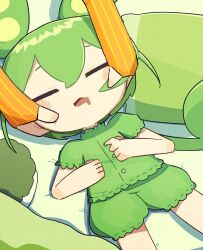 Rule 34 | 2girls, :3, alternate costume, blush stickers, cheek pinching, chibi, closed eyes, commentary request, drooling, facing viewer, feet out of frame, fingerless gloves, food-themed pillow, gloves, green hair, green pajamas, green shirt, green shorts, hands on another&#039;s cheeks, hands on another&#039;s face, hands on own chest, highres, kizuna akari, konohoshi, low ponytail, lying, mouth drool, multiple girls, on back, orange gloves, out of frame, pajamas, pinching, puffy short sleeves, puffy shorts, puffy sleeves, shirt, short sleeves, shorts, sleeping, solo focus, vocaloid, voiceroid, voicevox, zunda mochi, zundamon