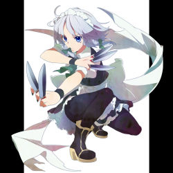 Rule 34 | 1girl, between fingers, black pantyhose, blue dress, blue eyes, boots, bow, braid, dress, female focus, fighting stance, full body, hair bow, hirasaka ine, holding, izayoi sakuya, knife, large bow, light purple hair, maid, nail polish, necktie, outstretched arm, pantyhose, ribbon, serious, silver hair, simple background, solo, squatting, throwing knife, touhou, twin braids, weapon, wristband