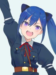 Rule 34 | 1girl, :d, a.k.a.zkin, animal ears, aqua background, arm at side, arm up, assault lily, belt, belt buckle, blue hair, blue jacket, blush, breast pocket, brown belt, buckle, buttons, cat ears, commentary, fake animal ears, hair between eyes, head tilt, high ponytail, highres, ishikawa aoi, jacket, juliet sleeves, long sleeves, looking at viewer, neck ribbon, open mouth, outstretched arm, pocket, puffy sleeves, purple eyes, red ribbon, ribbon, school uniform, side ponytail, sidelocks, simple background, smile, solo, teeth, upper body, upper teeth only