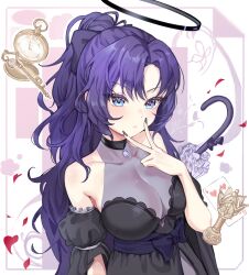 Rule 34 | 1girl, alternate costume, black dress, blue archive, blue eyes, breasts, choker, dano, dress, halo, highres, large breasts, looking at viewer, ponytail, purple hair, solo, umbrella, upper body, v, watch, yuuka (blue archive)