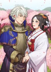 Rule 34 | 1boy, 1girl, alternate costume, alternate hairstyle, armor, black eyes, black gloves, black hair, black robe, blush, breastplate, brown eyes, cherry blossoms, closed mouth, commentary, commission, english commentary, fire emblem, fire emblem awakening, flower, gloves, gold trim, grey hair, hair between eyes, hiomaika, holding hands, japanese clothes, jewelry, kimono, lips, lipstick, long hair, looking at another, makeup, nintendo, official alternate costume, outdoors, petals, pink flower, red lips, ring, robe, robin (fire emblem), robin (male) (fire emblem), say&#039;ri (fire emblem), short hair, sky, smile, tree, twitter username, uchikake, wedding, wedding ring, white kimono