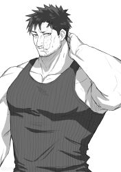 Rule 34 | 1boy, alternate costume, bara, beard, beard stubble, boku no hero academia, endeavor (boku no hero academia), facial hair, greyscale, hair down, hand on own neck, highres, large pectorals, looking at viewer, male focus, mature male, monochrome, muscular, muscular male, mustache stubble, pectoral cleavage, pectorals, scar, scar across eye, scar on face, shirt, short hair, sideburns, sidepec, solo, striped clothes, striped shirt, stubble, tank top, upper body, zrsyrxmd3lvo0zo
