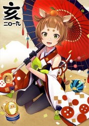Rule 34 | 1girl, :d, animal ears, bare shoulders, bell, black gloves, black pantyhose, boar, brown hair, chinese zodiac, commentary request, detached sleeves, food, food on head, fruit, gloves, green eyes, half gloves, highres, holding, holding umbrella, jingle bell, long sleeves, looking at viewer, mandarin orange, object on head, oil-paper umbrella, open mouth, original, pantyhose, pig ears, red umbrella, short eyebrows, sitting, sleeveless, smile, solo, spinning top, thick eyebrows, two side up, umbrella, white sleeves, wide sleeves, year of the pig, yokozuwari, yuko (uc yuk)