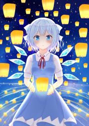 Rule 34 | 1girl, arms up, bad id, bad pixiv id, blue dress, blue eyes, blue hair, blush, bow, breasts, cirno, commentary, cowboy shot, dress, gradient sky, hair bow, horizon, lantern, light particles, looking at viewer, neck ribbon, nibosi, night, night sky, open mouth, paper lantern, parted lips, pinafore dress, red ribbon, reflection, ribbon, ripples, shirt, short hair, short sleeves, sky, sleeve cuffs, sleeveless dress, small breasts, solo, standing, touhou, water, white shirt, wings