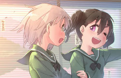 Rule 34 | 2girls, :d, ;d, ahoge, black bow, black hair, blouse, blush, bow, bowtie, close-up, commentary, green eyes, green sailor collar, green shirt, grey hair, hair between eyes, highres, kuraue hinata, locked arms, long sleeves, looking at another, loose bowtie, minawa, multiple girls, one eye closed, open mouth, outdoors, purple eyes, round teeth, sailor collar, school uniform, serafuku, shirt, short hair, side-by-side, sideways mouth, smile, storefront, teeth, translation request, twintails, upper body, upper teeth only, yama no susume, yukimura aoi