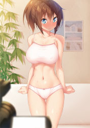 Rule 34 | 1girl, arms at sides, bare arms, bare shoulders, blue eyes, blurry, blurry foreground, blush, bra, breasts, brown hair, collarbone, commentary request, covered erect nipples, cowboy shot, embarrassed, hair between eyes, highres, indoors, kazuma (kazumav), large breasts, navel, nose blush, original, panties, solo, stomach, sweat, thigh gap, underwear, underwear only, wavy mouth, white bra, white panties