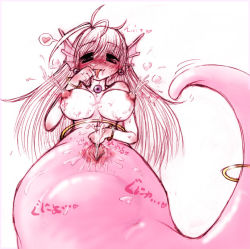 Rule 34 | 1girl, artist request, blush, breasts, earrings, female ejaculation, fin ears, forked tongue, heart, jewelry, lactation, lamia, long hair, monster girl, nipples, pink hair, pussy, pussy juice, solo, sweat, tail, throat jewel, tongue, unbirthing, vore