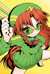 Rule 34 | 1girl, akou roushi, atlus, barefoot, blue eyes, bottomless, bow, braid, female focus, green shirt, hair bow, hat, hong meiling, long hair, naked sweater, no pants, parody, persona, persona 4, red hair, ribbed sweater, satonaka chie, shirt, simple background, smile, solo, star (symbol), sunglasses, sweater, touhou, twin braids, yellow background, zipper