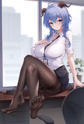Rule 34 | 1girl, absurdres, ahoge, arm support, black pantyhose, blue hair, blush, breasts, chair, desk, feet, ganyu (genshin impact), genshin impact, hand on own chest, highres, horns, id card, indoors, knees up, large breasts, light smile, long hair, looking at viewer, negi kome, office, office lady, on desk, pantyhose, plant, potted plant, purple eyes, shirt, sidelocks, sitting, on desk, soles, solo, thighband pantyhose, thighs, toes, white shirt, window