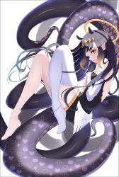 Rule 34 | 1girl, absurdres, animal ears, backless dress, backless outfit, barefoot, black dress, black gloves, black hair, blue eyes, blunt bangs, closed mouth, detached sleeves, dress, feathered wings, flat chest, full body, gloves, gradient hair, halo, headpiece, highres, hololive, hololive english, long hair, looking at viewer, low wings, multicolored hair, ninomae ina&#039;nis, ninomae ina&#039;nis (1st costume), no shoes, orange hair, pointy ears, rin (rin illust 0805), short dress, sidelocks, single detached sleeve, single thighhigh, smile, solo, strapless, strapless dress, tabi, tentacle hair, tentacles, thighhighs, tube dress, virtual youtuber, white thighhighs, white wings, wings