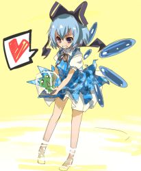 Rule 34 | 1girl, bad id, bad pixiv id, barefoot, blue eyes, blue hair, bow, cirno, frog, frozen, frozen frog, grin, hair bow, heart, ice, matching hair/eyes, neck ribbon, ribbon, shirow (crazy), smile, solo, speech bubble, spoken heart, touhou, water, wings