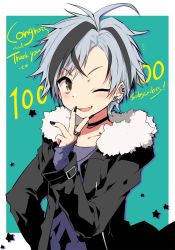 Rule 34 | 1boy, ;d, ahoge, text background, black choker, black hair, black jacket, black nails, blush, brown eyes, choker, collarbone, congratulations, fang, fur-trimmed jacket, fur trim, grey hair, hand up, highres, jacket, jewelry, kamiyoshi rika, long sleeves, looking at viewer, male focus, milestone celebration, multicolored hair, nail polish, nijisanji, one eye closed, open clothes, open jacket, open mouth, parted bangs, purple shirt, ring, shirt, sleeves past wrists, smile, solo, star (symbol), streaked hair, suzuki masaru, thank you, upper body, v-shaped eyebrows, virtual youtuber