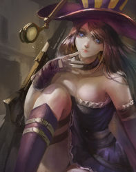 Rule 34 | 1girl, arm support, bare shoulders, black dress, black gloves, blue eyes, boots, breasts, brown hair, buckle, caitlyn (league of legends), choker, dress, eyelashes, finger to mouth, fingerless gloves, fingernails, frilled dress, frills, gloves, glowing, gun, hat, headdress, highres, indoors, league of legends, lips, lipstick, long hair, makeup, pink lips, sitting, solo, striped clothes, striped headwear, turewindwalker, twintails, weapon