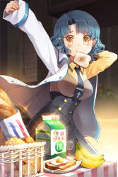 Rule 34 | 1girl, aqua hair, banana, blush, bread, bread slice, breasts, coat, corset, dress shirt, female focus, food, fruit, gradient background, lowres, milk, necktie, outstretched arm, pleated skirt, shirt, short hair, skirt, solo, sword girls, table, toast, yellow eyes
