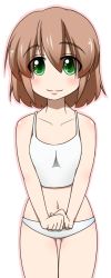 Rule 34 | 1girl, aged down, breasts, brown hair, child, female focus, flat chest, green eyes, kaz (shade), long image, makihara nodoka, navel, panties, short hair, simple background, solo, standing, tall image, thigh gap, thighs, underwear, white background, white panties