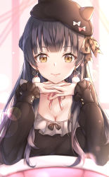 Rule 34 | 1girl, absurdres, beret, black dress, black hat, blanket, blunt bangs, bow, breasts, brown bow, brown hair, cleavage, closed mouth, collarbone, cuna (qunya), dress, earrings, fingernails, frilled sleeves, frills, glint, hat, heart, heart earrings, highres, idolmaster, idolmaster shiny colors, jewelry, lens flare, long sleeves, looking at viewer, mayuzumi fuyuko, neck ribbon, own hands together, pink ribbon, pom pom (clothes), pom pom earrings, ribbon, small breasts, smile, solo, upper body