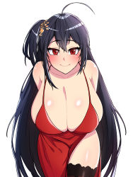 Rule 34 | 1girl, absurdres, ahoge, arms behind back, azur lane, black hair, blush, breasts, cleavage, cocktail dress, crossed bangs, dress, hair ornament, highres, huge breasts, leaning forward, long hair, no bra, official alternate costume, red dress, red eyes, side slit, simple background, smile, solo, taihou (azur lane), taihou (forbidden feast) (azur lane), thighhighs, uno (mon chat noir), very long hair, white background