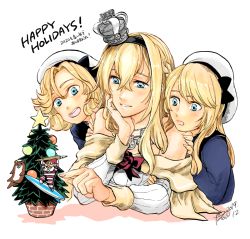 Rule 34 | blonde hair, blue eyes, blue sailor collar, braid, christmas tree, commentary request, corset, crossed bangs, crown, dress, flower, french braid, happy holidays, hat, janus (kancolle), jervis (kancolle), kantai collection, long hair, long sleeves, mini crown, multiple girls, off-shoulder dress, off shoulder, parted bangs, red flower, red ribbon, red rose, ribbon, rose, sailor collar, sailor dress, sailor hat, upper body, warspite (kancolle), white background, white dress, white headwear, yamada rei (rou)