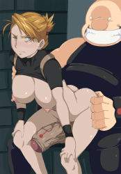 Rule 34 | 1boy, 1girl, ass, ass grab, bare legs, bent over, black shirt, blonde hair, blush, bottomless, breasts, breasts out, butt crack, clenched teeth, closed mouth, clothes lift, earrings, fat, fat man, folded ponytail, fullmetal alchemist, gluttony (fma), grin, grinding, hair bun, hands on own knees, hetero, holster, homunculus, huge breasts, huge penis, imminent penetration, imminent rape, jewelry, legs, looking back, matching hair/eyes, nipples, no bra, no panties, no pupils, one eye closed, penis, ponytail, puffy nipples, riza hawkeye, shirt, shirt lift, single hair bun, sitting, sitting on person, smile, teeth, thighs, ttrop, uncensored, veins, veiny penis, white eyes, wince, wristband, yellow eyes