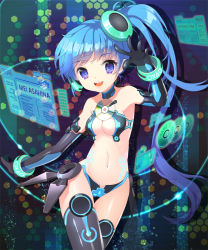 Rule 34 | 1girl, blue eyes, blue hair, bracelet, breasts, cd, cleavage, elbow gloves, gloves, holographic interface, jewelry, long hair, matching hair/eyes, mintchoco (orange shabette), moriah saga, navel, official art, side ponytail, solo, thighhighs, very long hair