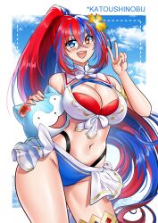 1girl absurdres alear_(female)_(fire_emblem) alear_(female)_(seaside_dragon)_(fire_emblem) alear_(fire_emblem) bikini blue_bikini blue_eyes blue_hair breasts cleavage crossed_bangs fire_emblem fire_emblem_engage fire_emblem_heroes halterneck heterochromia highres katou_shinobu large_breasts long_hair multicolored_clothes multicolored_hair navel nintendo official_alternate_costume official_alternate_hairstyle ponytail red_bikini red_eyes red_hair sommie_(fire_emblem) split-color_hair swimsuit two-tone_hair v very_long_hair white_bikini