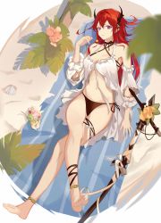 Rule 34 | 1girl, absurdres, anklet, arknights, bare legs, barefoot, bikini, black choker, choker, criss-cross halter, halterneck, highres, horns, jewelry, long hair, looking at viewer, lying, navel, official alternate costume, on back, purple eyes, red hair, shiguangbai, side-tie bikini bottom, solo, stomach, surtr (arknights), surtr (colorful wonderland) (arknights), swimsuit, sword, thighs, very long hair, weapon