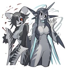 Rule 34 | 2girls, :d, animal ears, black sclera, blue hair, breasts, colored inner hair, colored sclera, contrapposto, cropped legs, fang, fins, grey hair, hand up, highres, horns, large breasts, long hair, looking at viewer, medium hair, monster girl, multicolored hair, multiple girls, no hands, open mouth, orange eyes, ruteko (ruko220), shark girl, single horn, skin fang, smile, standing, tail, very long hair, waving