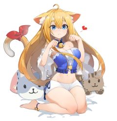 Rule 34 | 1girl, ahoge, animal ears, ankle bell, barefoot, bell, blonde hair, blue collar, blue eyes, bow, breasts, bustier, cat ears, cat girl, cat tail, chemise, choker, cleavage, collar, commentary request, detached collar, detached sleeves, full body, groin, hair between eyes, heart, highres, long hair, medium breasts, midriff, navel, neck bell, original, paw ornament, paw pose, paw print, rang go, red bow, short eyebrows, shorts, sidelocks, smile, spoken heart, strapless, stuffed animal, stuffed cat, stuffed toy, tail, tail bow, tail ornament, thighs, very long hair, white background, white shorts, white sleeves