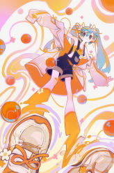 Rule 34 | 1girl, absurdres, aqua eyes, aqua hair, bandaid, bare shoulders, blue eyes, blush, bubble, crop top, earrings, hair ornament, hatsune miku, highres, jacket, jewelry, long hair, long sleeves, open clothes, open jacket, orange theme, overalls, renzhi00334233, shoes, smile, sneakers, solo, twintails, very long hair, vocaloid