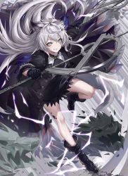 Rule 34 | 1girl, absurdres, animal ears, aqua eyes, arknights, black coat, black dress, black footwear, black gloves, boots, coat, commentary, dress, dual wielding, full body, gloves, grey hair, grin, highres, holding, holding sword, holding weapon, laomotou, lappland (arknights), lappland (refined horrormare) (arknights), long hair, looking at viewer, material growth, official alternate costume, oripathy lesion (arknights), scar, scar across eye, smile, solo, sword, symbol-only commentary, weapon, wolf ears