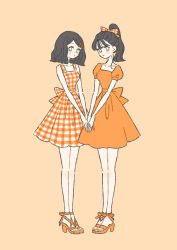 Rule 34 | 2girls, :o, back bow, bob cut, bow, brown hair, color coordination, dress, earrings, gingham, grey eyes, hair bow, hair ornament, hair ribbon, hairclip, hand on another&#039;s hand, hands together, high heels, highres, jewelry, long legs, matching eye color, matching hair color, matching outfits, multiple girls, nail color coordination, nail polish, orange background, orange dress, orange footwear, orange nails, orange theme, original, plaid, plaid dress, ponytail, puffy short sleeves, puffy sleeves, ribbon, rikuwo, sandals, short sleeves, yuri