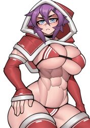 Rule 34 | 1girl, abs, absurdres, biceps, bikini, black choker, blue eyes, breasts, capelet, choker, christmas, cleavage, clothes writing, commentary, detached sleeves, english commentary, hair between eyes, hair ornament, hairclip, highres, hood, hood up, hooded capelet, huge breasts, maya (roadi3), micro bikini, muscular, muscular female, original, purple hair, red bikini, red capelet, red sleeves, red thighhighs, roadi3, scar, scar on face, scar on nose, short hair, solo, swimsuit, thick thighs, thighhighs, thighs, underboob, white background