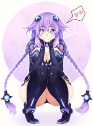 Rule 34 | 1girl, blue eyes, bodysuit, braid, breasts, cleavage, eriksonix, hair ornament, hands on cheeks, hands on own face, heart, highres, large breasts, leotard, long hair, looking at viewer, neptune (series), purple hair, purple heart (neptunia), smile, solo, squatting, symbol-shaped pupils, thick thighs, thighhighs, thighs, twin braids, wide hips