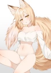 Rule 34 | 1girl, animal ear fluff, animal ears, bare legs, bare shoulders, blonde hair, breasts, cleavage, collarbone, commentary, crop top, crop top overhang, fox ears, fox girl, fox tail, gradient background, head tilt, long sleeves, looking at viewer, medium breasts, narusegawa riko, navel, no pants, off-shoulder shirt, off shoulder, original, panties, parted lips, shirt, short hair, slit pupils, solo, stomach, tail, thighs, underwear, white panties, white shirt, yellow eyes