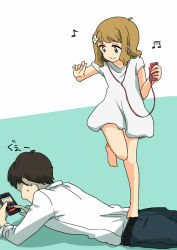 Rule 34 | 1boy, 1girl, artist request, bare legs, barefoot, brown hair, cellphone, commentary request, dancing, dress, earphones, flower, green eyes, hair flower, hair ornament, idolmaster, idolmaster million live!, musical note, phone, producer (idolmaster), shirt, short dress, short hair, short sleeves, smartphone, stepped on, suou momoko, translation request, two-tone background, white dress, white shirt