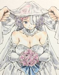 Rule 34 | breasts, bridal veil, cleavage, dress, flower, gamenamepuipui, highres, large breasts, one piece, pink flower, tagme, uta (one piece), veil, wedding dress, white dress