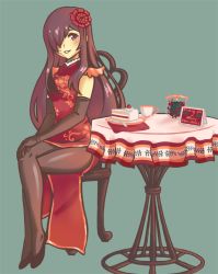 Rule 34 | 10s, 1girl, alternate costume, black gloves, black hair, black pantyhose, cake, cake slice, candle, chair, china dress, chinese clothes, christmas, crossed legs, cup, dress, elbow gloves, english text, floral print, flower, food, full body, gloves, grey background, hair flower, hair ornament, hair over one eye, hands on knee, ikezawa hanako, katawa shoujo, long hair, merry christmas, pantyhose, parted lips, plate, purple eyes, simple background, sitting, smile, solo, strawberry shortcake, table, tablecloth, teacup, very long hair