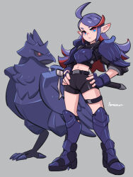 Rule 34 | 1girl, ahoge, amazu (kurozu), armor, armored boots, bird, black jacket, black shorts, boots, breastplate, closed mouth, commentary, corviknight, creatures (company), cropped jacket, frown, game freak, gen 8 pokemon, grey background, hands on own hips, jacket, long sleeves, midriff, multicolored hair, navel, nintendo, pauldrons, personification, pokemon, pokemon (creature), puffy long sleeves, puffy sleeves, purple footwear, purple hair, red eyes, red hair, sheath, sheathed, short eyebrows, short shorts, shorts, shoulder armor, signature, simple background, standing, streaked hair, thick eyebrows, v-shaped eyebrows