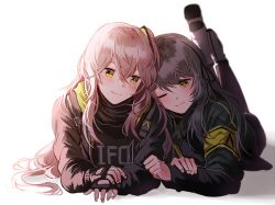 Rule 34 | 2girls, 404 (girls&#039; frontline), bad id, bad twitter id, blush, boots, brown hair, closed mouth, fingerless gloves, girls&#039; frontline, gloves, grey hair, hair between eyes, hair ornament, jacket, legs up, long hair, long sleeves, looking at viewer, lying, multiple girls, on stomach, one eye closed, one side up, pants, pantyhose, silence girl, simple background, smile, ump40 (girls&#039; frontline), ump45 (girls&#039; frontline), white background, yellow eyes, yuri