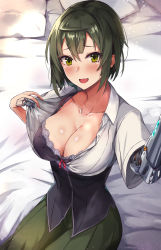 Rule 34 | 1girl, bed, bed sheet, black bra, blush, bra, breasts, cleavage, collarbone, collared shirt, commentary request, cyborg, dress shirt, fang, green eyes, green hair, green skirt, hasumushi, highres, large breasts, looking at viewer, on bed, original, pillow, prosthesis, prosthetic arm, prosthetic fingers, shirt, short hair, short sleeves, sitting, skin fang, skirt, solo, unbuttoned, unbuttoned shirt, underwear, undressing, white shirt