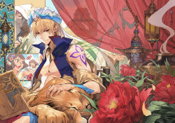 Rule 34 | 2girls, 3boys, absurdres, androgynous, arabian clothes, blonde hair, closed mouth, earrings, enkidu (fate), closed eyes, fate/grand order, fate/strange fake, fate (series), flower, gauntlets, gilgamesh, gilgamesh (caster) (fate), gilgamesh (fate), green hair, hair between eyes, hair ornament, hand on another&#039;s head, hat, highres, jewelry, lion, looking at viewer, multiple boys, multiple girls, petals, red eyes, robe, seomouse, short hair, smile, tattoo, trap, white robe
