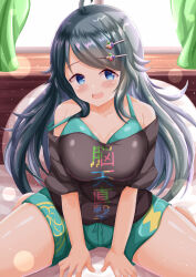 Rule 34 | 1girl, :d, backlighting, bare shoulders, barefoot, bed sheet, black hair, black shirt, blue eyes, blue shorts, blush, breasts, collarbone, commentary request, curtains, day, hair ornament, hairclip, highres, indoors, inohara koboshi, large breasts, long hair, looking at viewer, off-shoulder shirt, off shoulder, ongeki, open mouth, pillow, shirt, short shorts, shorts, sitting, smile, solo, spread legs, strap slip, sunlight, swept bangs, thick thighs, thighs, very long hair, window, xenon (for achieve)