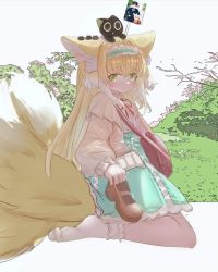 Rule 34 | 1girl, animal, animal ear fluff, animal ears, animal on head, ark bone, arknights, bag, black cat, blonde hair, blue hairband, blue skirt, blush, brown footwear, brown jacket, cat, closed mouth, commentary request, fox ears, fox girl, fox tail, frilled hairband, frills, green eyes, grey background, hair between eyes, hairband, high-waist skirt, holding, holding clothes, holding footwear, holding shoes, jacket, long hair, long sleeves, looking at viewer, luo xiaohei zhanji, multicolored hair, neck ribbon, on head, open clothes, open jacket, puffy long sleeves, puffy sleeves, red ribbon, ribbon, shirt, shoes, unworn shoes, shoulder bag, simple background, sitting, skirt, smile, socks, solo, suzuran (arknights), suzuran (spring praise) (arknights), tail, two-tone hair, very long hair, wariza, white hair, white shirt, white socks