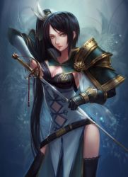 Rule 34 | 1girl, armor, belt, black thighhighs, breasts, chinese clothes, cleavage, contrapposto, green eyes, lips, long hair, original, rapier, samanta, shoulder pads, side ponytail, side slit, solo, standing, sword, thighhighs, very long hair, weapon