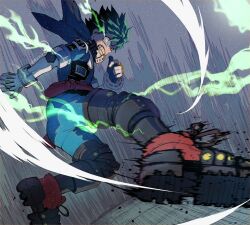 Rule 34 | 1boy, abstract background, air current, artist name, attack, belt, belt pouch, blue bodysuit, blue gloves, blurry, blurry foreground, bodysuit, boku no hero academia, chinese commentary, clenched teeth, commentary request, dated commentary, dutch angle, electricity, film grain, floating hair, foreshortening, freckles, from side, full body, full cowling (boku no hero academia), furrowed brow, gloves, glowing, glowing eye, green eyes, green hair, hands up, kicking, light, looking at viewer, looking to the side, male focus, midair, midoriya izuku, milmil (wa ten&#039;nendesu), motion blur, outstretched arm, outstretched leg, partial commentary, pouch, profile, red belt, serious, shoe soles, short hair, sideways mouth, solo, teeth, white gloves