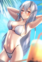 Rule 34 | 1girl, :o, alternate costume, arknights, armpits, arms behind head, bare shoulders, bikini, blue sky, blurry, blush, breasts, breasts apart, bubble tea, collarbone, commentary request, covered erect nipples, cowboy shot, day, depth of field, drinking straw, hair between eyes, highres, long hair, looking at viewer, medium breasts, navel, outdoors, partial commentary, red eyes, shirai yu, silver hair, skadi (arknights), sky, solo, stomach, swimsuit, very long hair, white bikini
