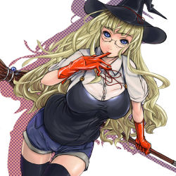 Rule 34 | 1girl, black thighhighs, blonde hair, blue eyes, breasts, broom, denim, denim shorts, glasses, gloves, hat, huge breasts, large breasts, long hair, nomiya37564, shorts, solo, tank top, thigh gap, thighhighs, witch, witch hat