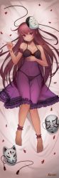 Rule 34 | 1girl, ankle cuffs, artist name, barefoot, black bra, black panties, bow, bow bra, bow panties, bra, chemise, closed mouth, dakimakura (medium), fox mask, full body, hata no kokoro, heart, highres, jewelry, lingerie, long hair, looking at viewer, lying, mask, nightgown, noh mask, on back, panties, petals, pink eyes, pink hair, recare, ring, see-through, smile, solo, sparkle, touhou, underwear, very long hair, wedding band