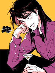 Rule 34 | 1boy, artist name, black hair, closed mouth, cocktail glass, collared shirt, commentary request, cup, dated, drinking glass, head rest, head tilt, highres, ichijou seiya, joukyou seikatsuroku ichijou, kaiji, long hair, long sleeves, looking at viewer, male focus, martini, medium bangs, olive, purple shirt, red eyes, shirt, smile, solo, table, undershirt, unknown03162, upper body, yellow background
